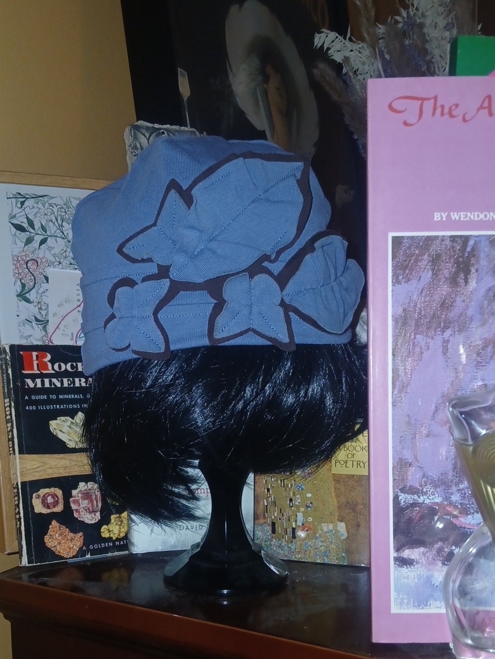 Osvyo Blue & Brown Floral Applique Cloche Organic Cotton Knit Hat